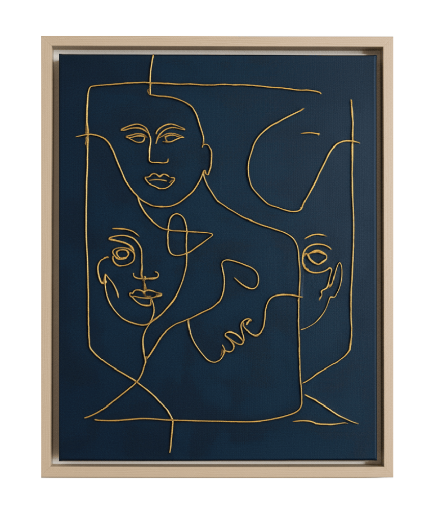Modern canvas wall work art Dubai featuring continuous line abstract faces in metallic gold