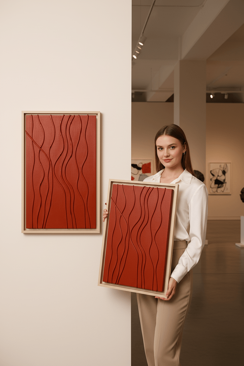 Modern canvas wall work art Dubai featuring raised cord patterns on scarlet textured background