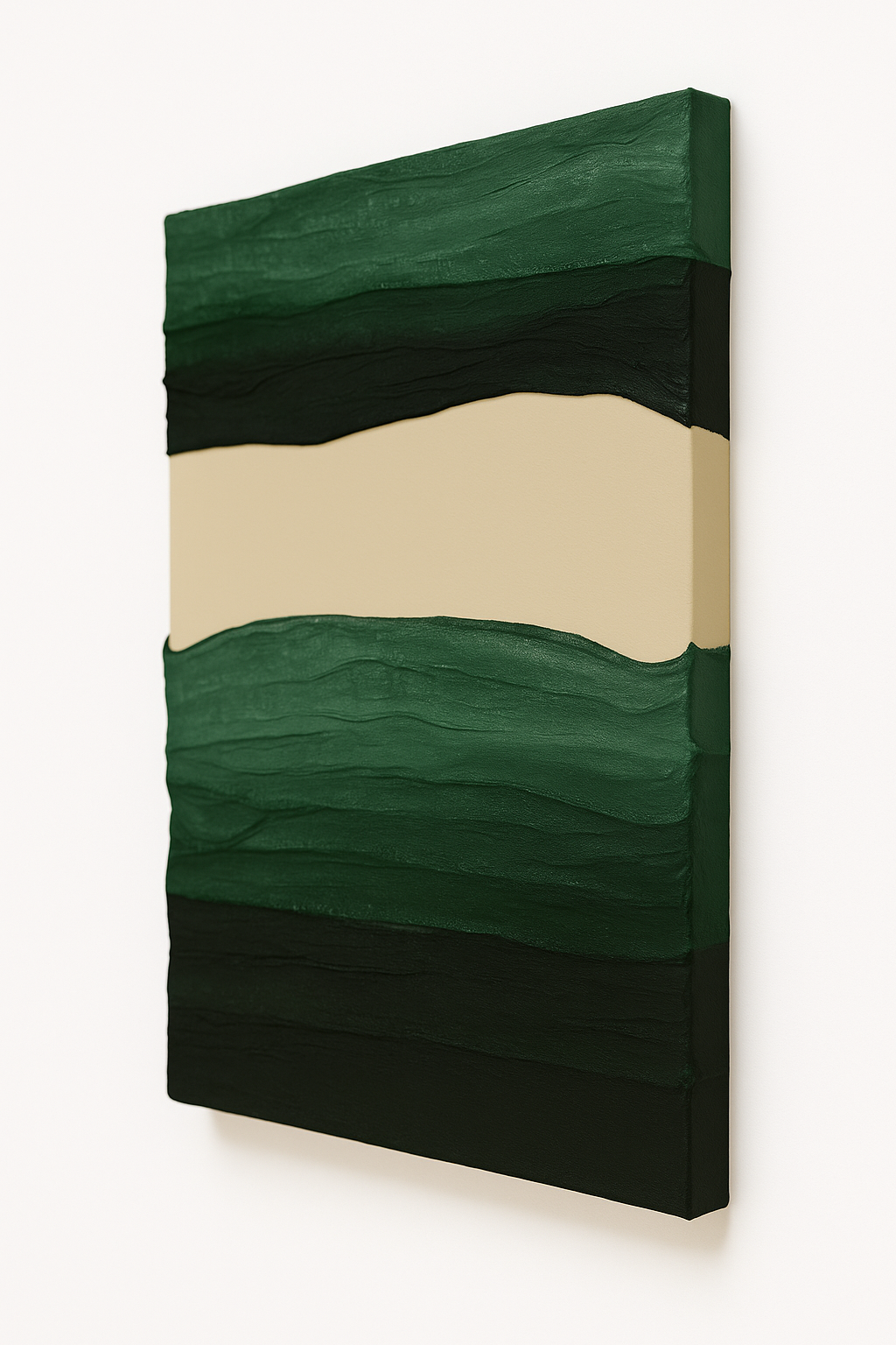 Modern textile wall piece with ivory and green tones