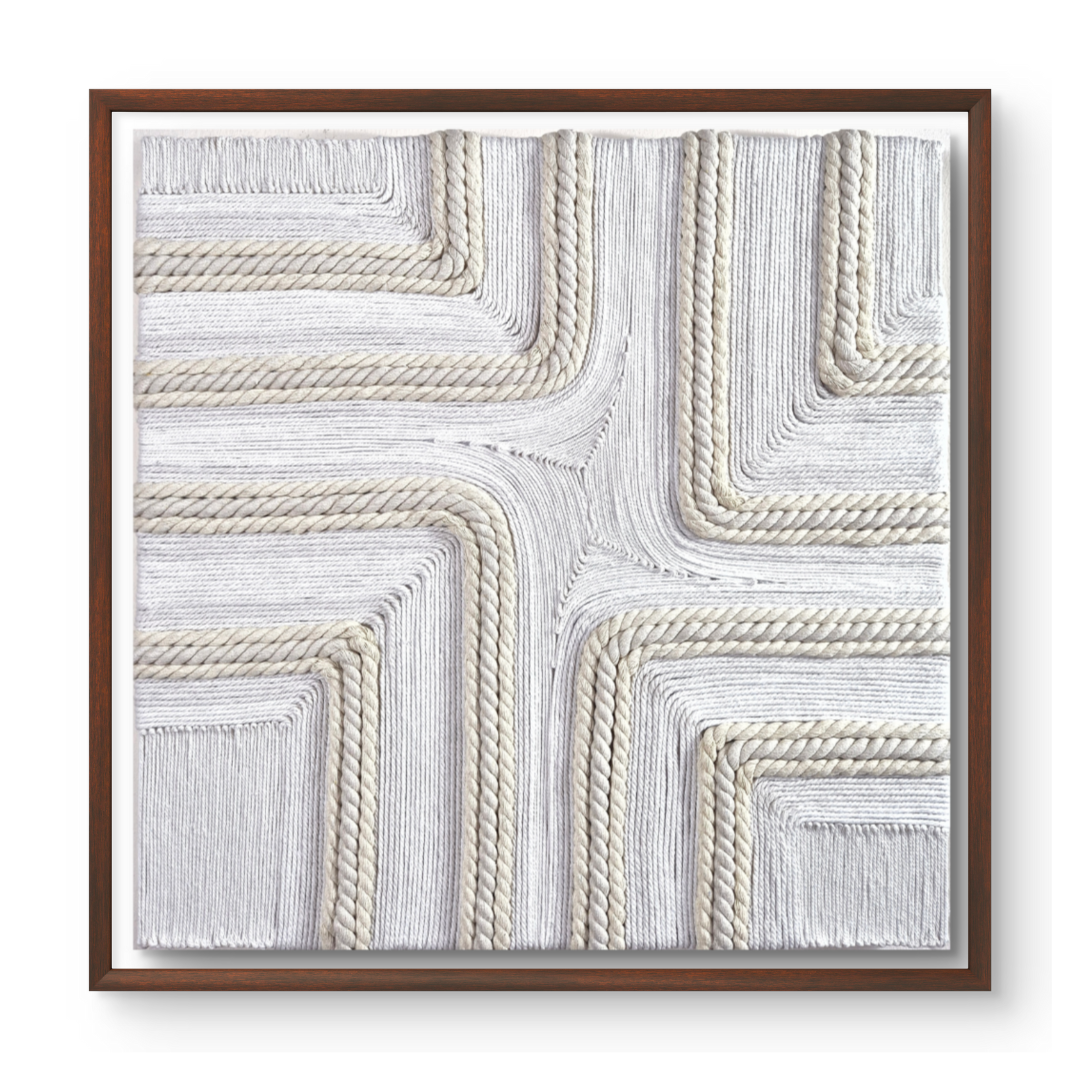 Modern macramé artwork for living room Dubai featuring geometric patterns and varied rope textures