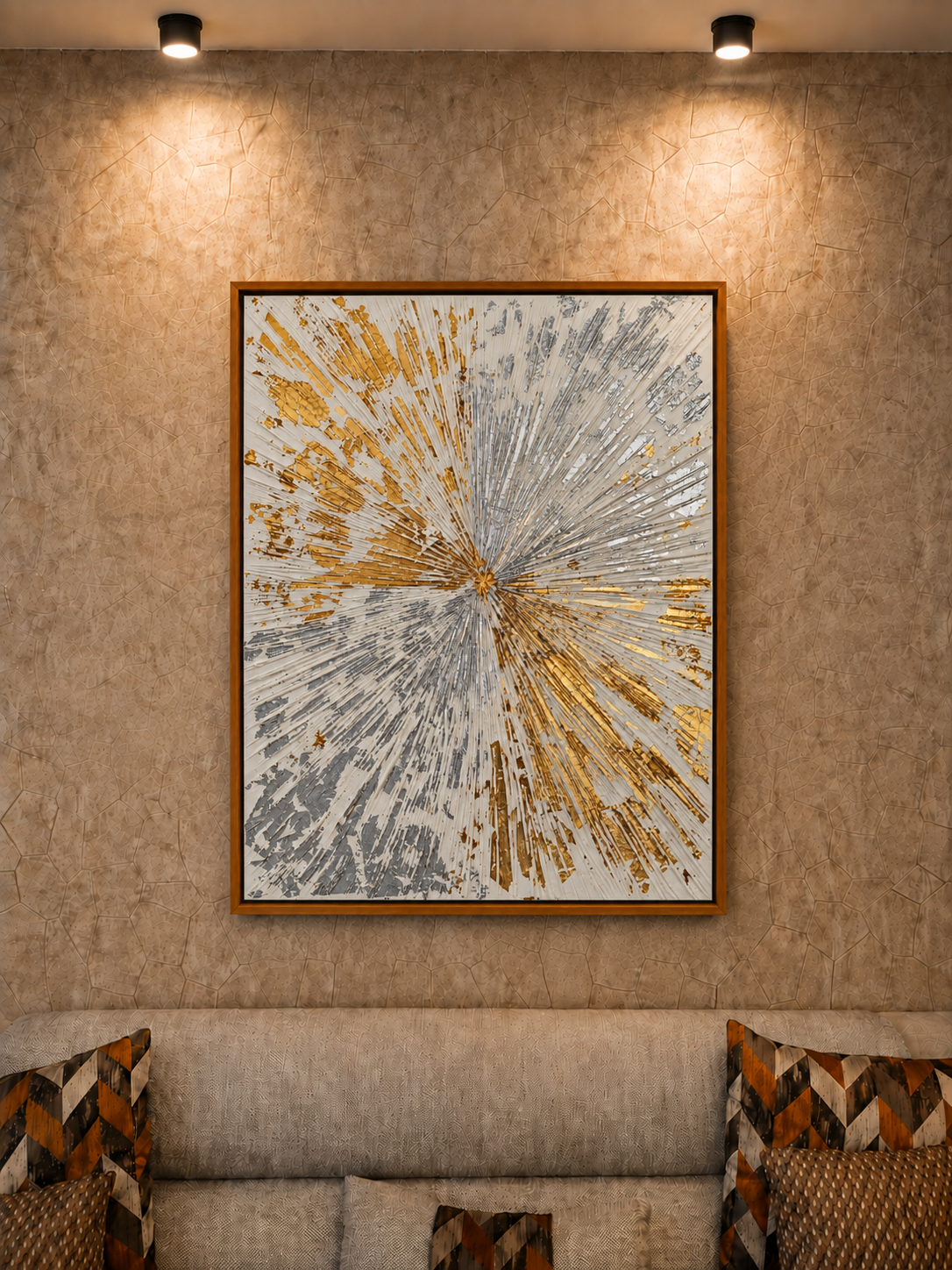Luminous Divide Luxury Abstract Wall Art with Brown Frame 100 × 76 cm