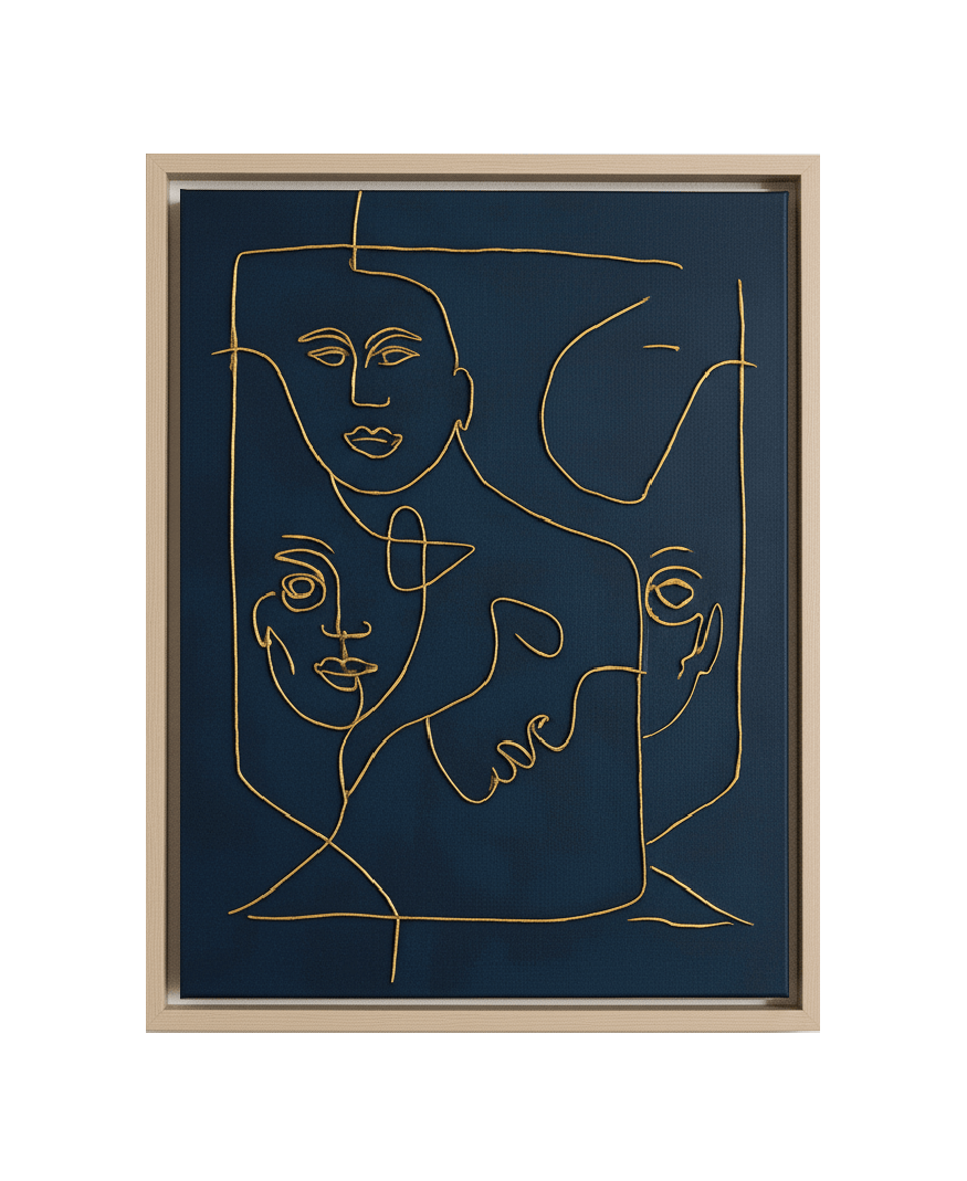Modern canvas wall work art Dubai featuring continuous line abstract faces in metallic gold