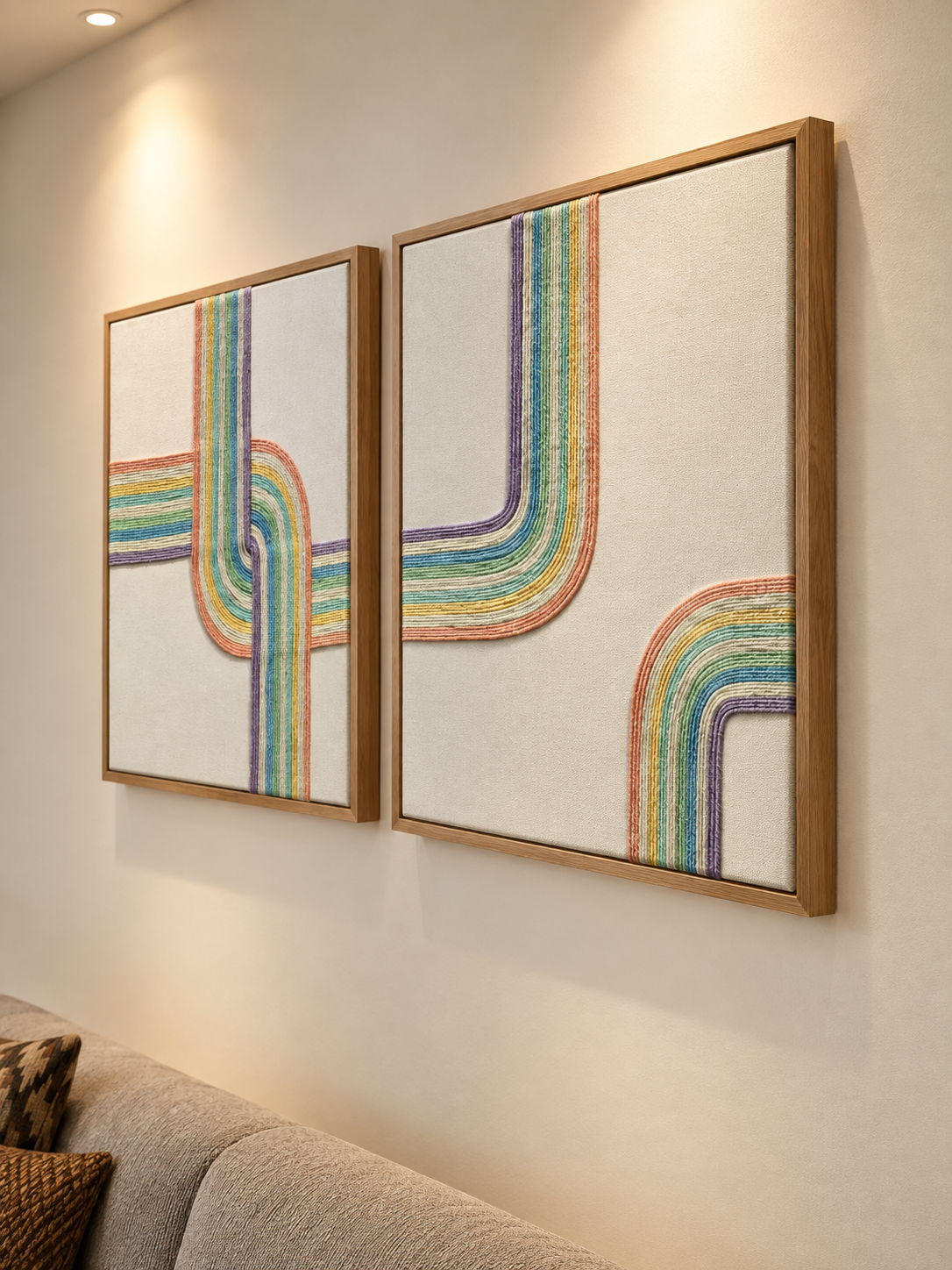 Modern macramé wall art with beige frame
