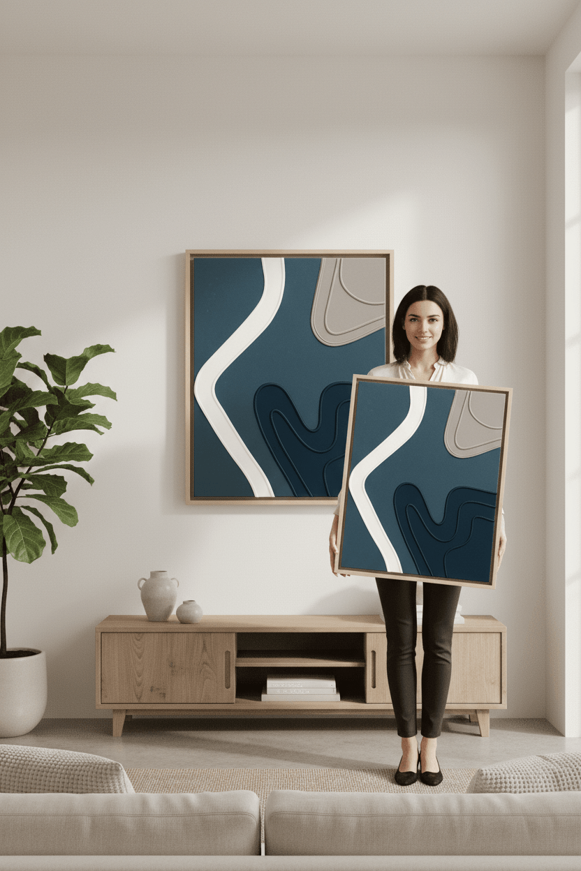 Nature inspired textured art in blue and beige tones