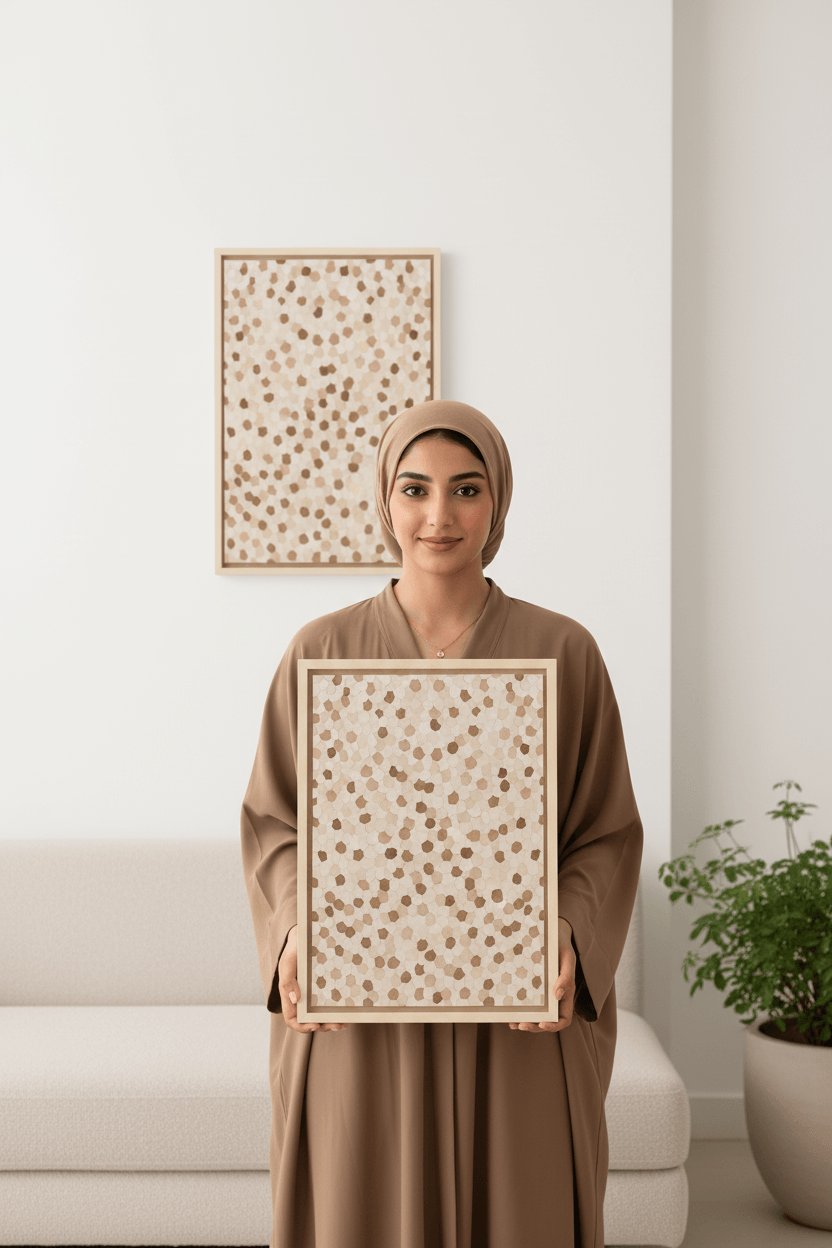 Petals of Autumn frameless geometric canvas art with scattered hexagons in warm brown autumn tones Dubai