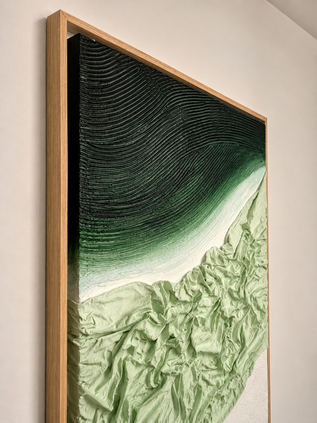 Three color textured abstract wall art with beige frame