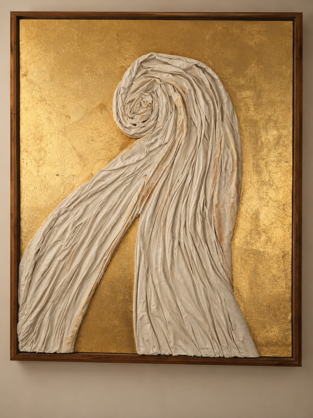 White and gold textured abstract wall art with dark brown frame