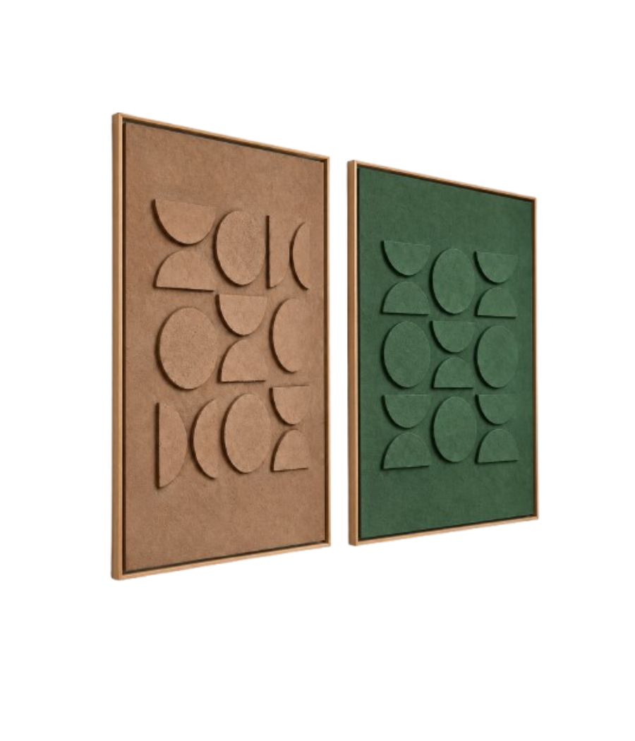 Soft Symmetry & Verdant Rhythm – Geometric Wall Art Pair | Beige Frames | 108 × 82 cm Each